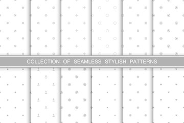 Collection of cute seamless minimalistic patterns - gray stylish textures. Simple geometric design