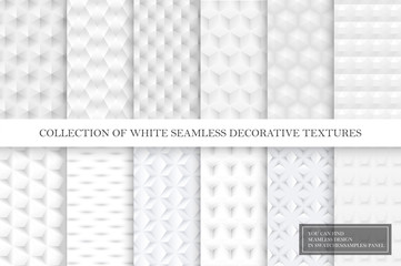 Collection of white and gray tile seamless decorative smooth textures. Geometric repeatable backgrounds.