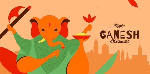 Happy Ganesh Chaturthi celebration flat banner design with indian architecture - Vector 