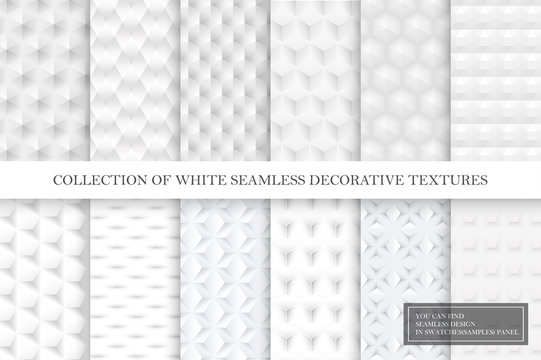 Collection of white and gray tile seamless decorative smooth textures. Geometric repeatable backgrounds.