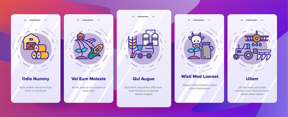 Agronomy Industry Vector Onboarding Mobile App Page Screen. Agronomy Machinery Linear Illustrations. Growing Crops, Fruits Equipment. Farming, Meat, Dairy Products Manufacturing. Illustration