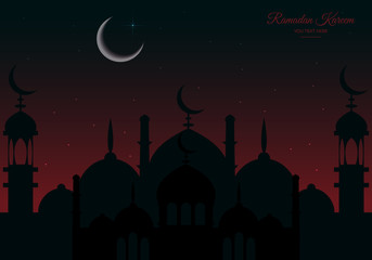 Beautiful holy festival eid and ramadan background. Mosque silhouette in night sky and abstract light for ramadan of Islam. Ramadan kareem greeting card with mosques. Moon in night sky and mosque 
