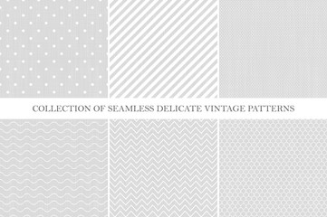Collection of classic seamless retro patterns - simple geometric design. Vintage style - gray brushed textures.
