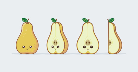 Yellow pear set drawn cute kawaii food faces