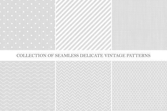 Collection of classic seamless retro patterns - simple geometric design. Vintage style - gray brushed textures.