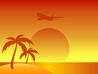 Abstract summer island with palm trees and airplane