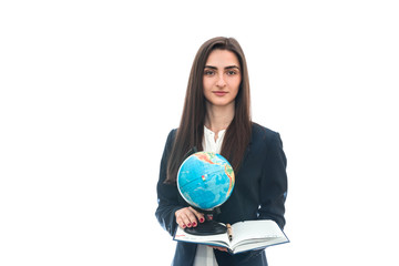 Fototapeta premium Woman with globe and notepad isolated on white
