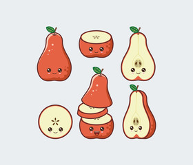 Green pear set drawn cute kawaii food faces