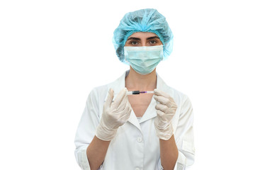 Doctor in mask with syringe isolated on white