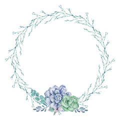 Beautiful watercolor wreath with succulents. Watercolor graphic for fabric, postcard, greeting card, book, poster, tee-shirt, banners, emblems, logo. Illustration, isolated objects.