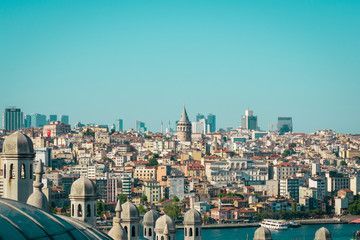 The domes of Suleymaniye Mosque, with the Bosporus Strait and Galata Tower in the distance