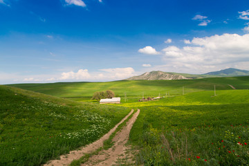 Beautiful spring and summer landscape. Mountain country road among green hills.