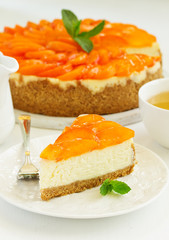 Cheesecake with peaches .. Selective focus.