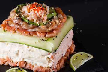 Piece of traditional savory swedish sandwich cake Smorgastorta