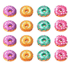 Fototapeta na wymiar Set of watercolor hand drawn sketch illustration of colorful glazed donuts isolated on white background