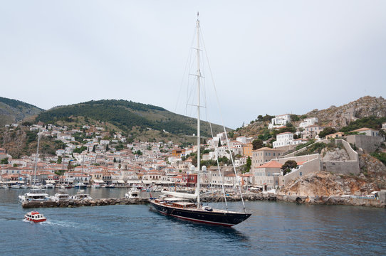 Panoramic view on greek island Idra (Hydra) at summer day