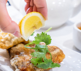 Delicious dim sum, famous cantonese food in asia - Fried fish and dumplings with lemon, sauce and...