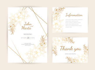 Wedding Invitation with Gold Flowers and gold geometric line design. background with geometric golden frame. Cover design with an ornament of golden leaves. vector eps10