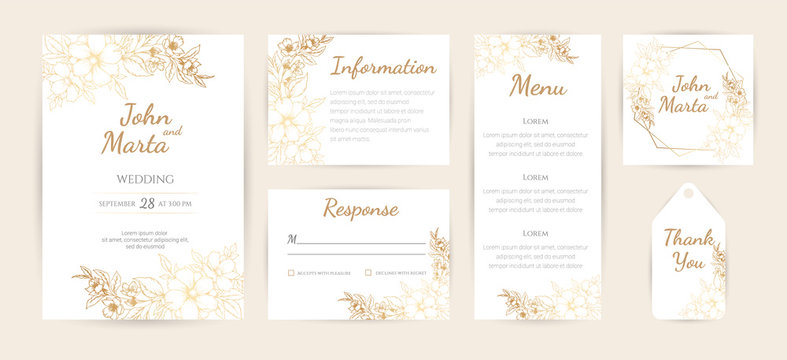 Wedding Invitation with Gold Flowers and gold geometric line design. background with geometric golden frame. Cover design with an ornament of golden leaves. vector eps10