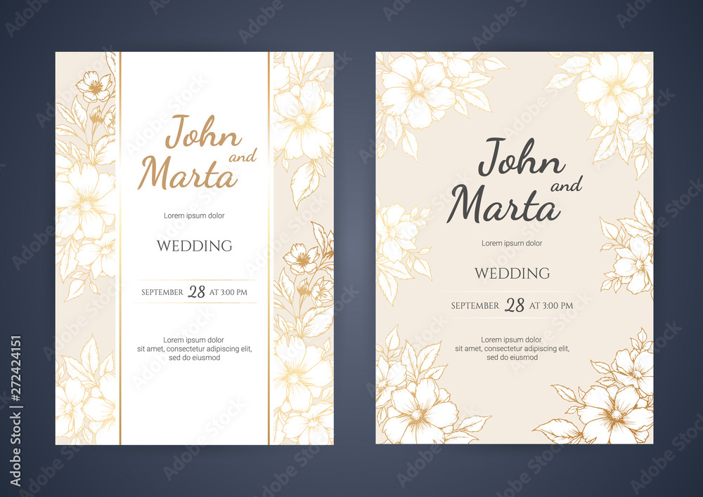 Wall mural Wedding Invitation with Gold Flowers and gold geometric line design. background with geometric golden frame. Cover design with an ornament of golden leaves. vector eps10