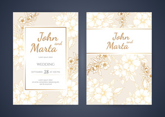 Fototapeta na wymiar Wedding Invitation with Gold Flowers and gold geometric line design. background with geometric golden frame. Cover design with an ornament of golden leaves. vector eps10