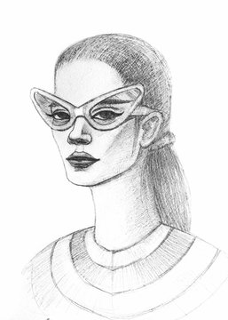 illustrazione fashion bella donna modella con occhiali sfondo bianco