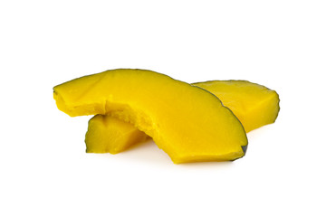 cut piece boiled pumpkin with shell on white background
