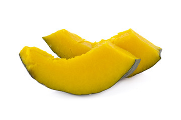 cut piece boiled pumpkin with shell on white background