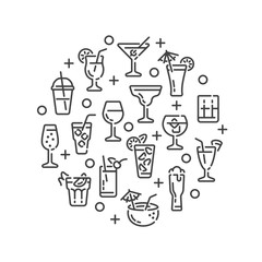 Line design with alcoholic drinks and cocktails elements isolated on white background. Vector illustration.