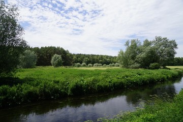 Fototapeta na wymiar Idyllische, grüne Panoramalandschaft mit Wiese, Wald, Fluss, Himmel und Wolken