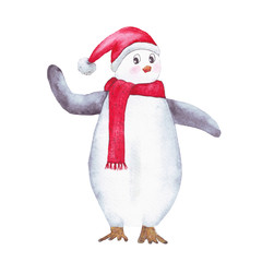 watercolor cute penguin wearing a santa claus hat and a red scarf