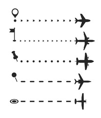 Airplane flight path vector brash set, airliner route with start point dashed line brushes and plane silhouettes, air route template for traveling, flight or tourism designs