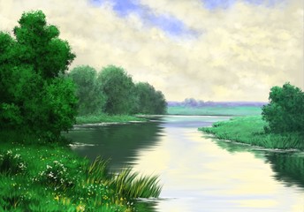 Digital paintings landscape with lake and forest. Fine art