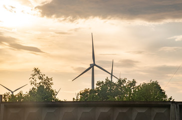 wind turbines at sunset