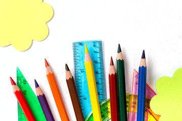 School supplies. Back to school concept on white background Top view Flat lay