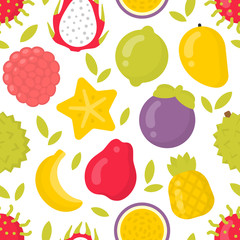 Cute exotic fruits, vector seamless pattern on white background. Best for textile, backdrop, wrapping paper