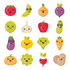 Fototapeta premium Cute smiling vegetables. Kawaii veggie characters. Isolated colorful vector icon set