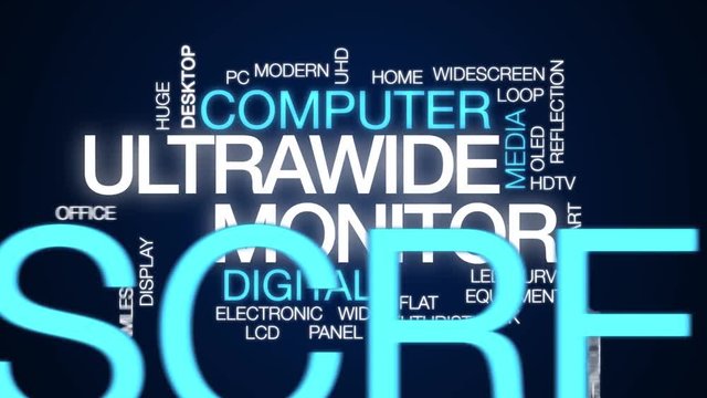 Ultrawide monitor animated word cloud, text design animation. Kinetic typography.