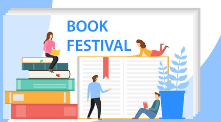 Obraz premium Book festival concept of a small people reading a open huge book. Colorful stacks of books with small people reading on blue background on poster for Book Festival.