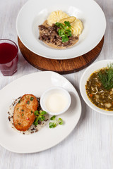 Crunchy chicken cutlet with steamed rice as a part of healthy lunch