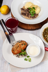 Roasted turkey cutlet with steamed rice and mayo as a part of healthy lunch