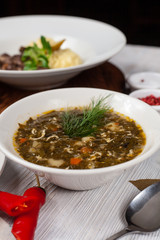 Traditional slavic sorrel soup with veggies, egg and dill as a part of diet set menu in a restaurant