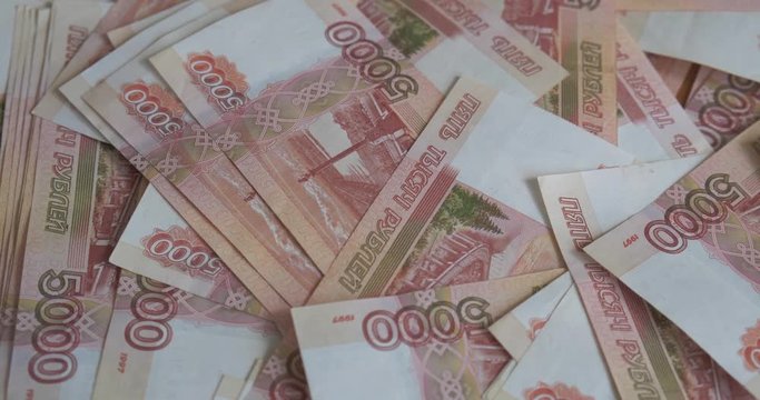 Russian money roubles banknotes, heap of russian rubles
