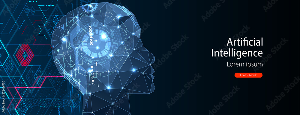 Fototapete Artificial intelligence (AI) and big data concept. Machine cyber mind.  Humen face with binary data flow. Technology vector background.