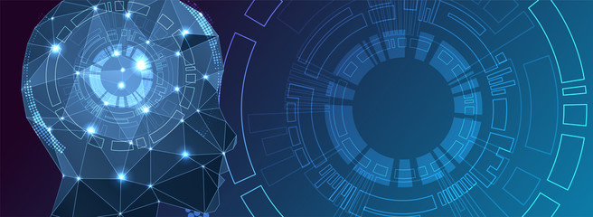 Artificial intelligence (AI) and big data concept. Machine cyber mind.  Humen face with binary data flow. Technology vector background.