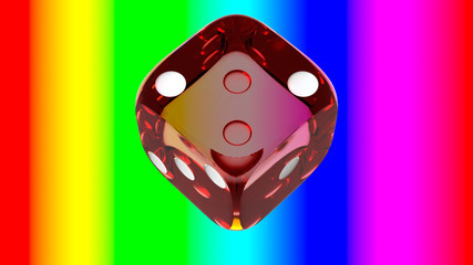 Red transparent plastic dice, rotating on a banded  background of many colors.