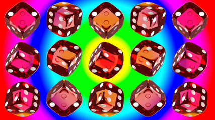 15 red transparent plastic dice, rotating on a background of circles of many colors.