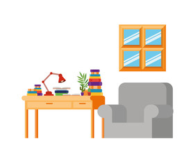 living room with sofa and desk with books