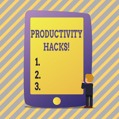 Text sign showing Productivity Hacks. Business photo showcasing Hacking Solution Method Tips Efficiency Productivity