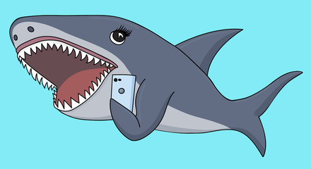 Illustration in flat style of female shark that is chatting on mobile phone, can be used like sticker or printing
